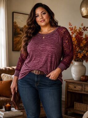 Torrid Super Soft Eggplant Sweater with Lace Sleeves — 2X ✨